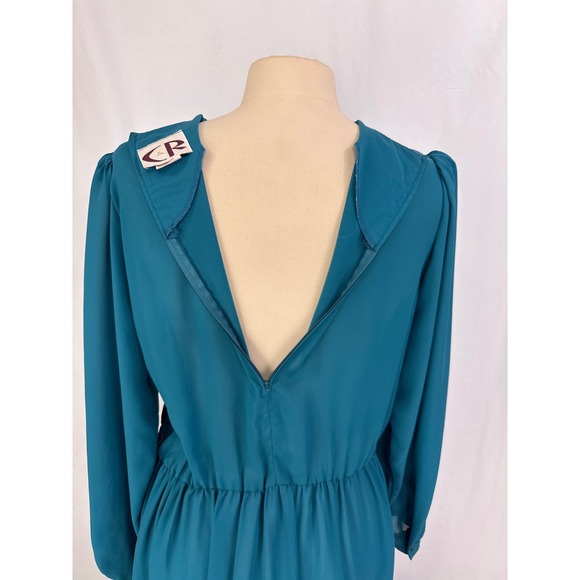 Vintage C&R Teal Blue Pleated Bodice Secretary Dress 80s Long Sleeve, 40 bust, L - Picture 11 of 13